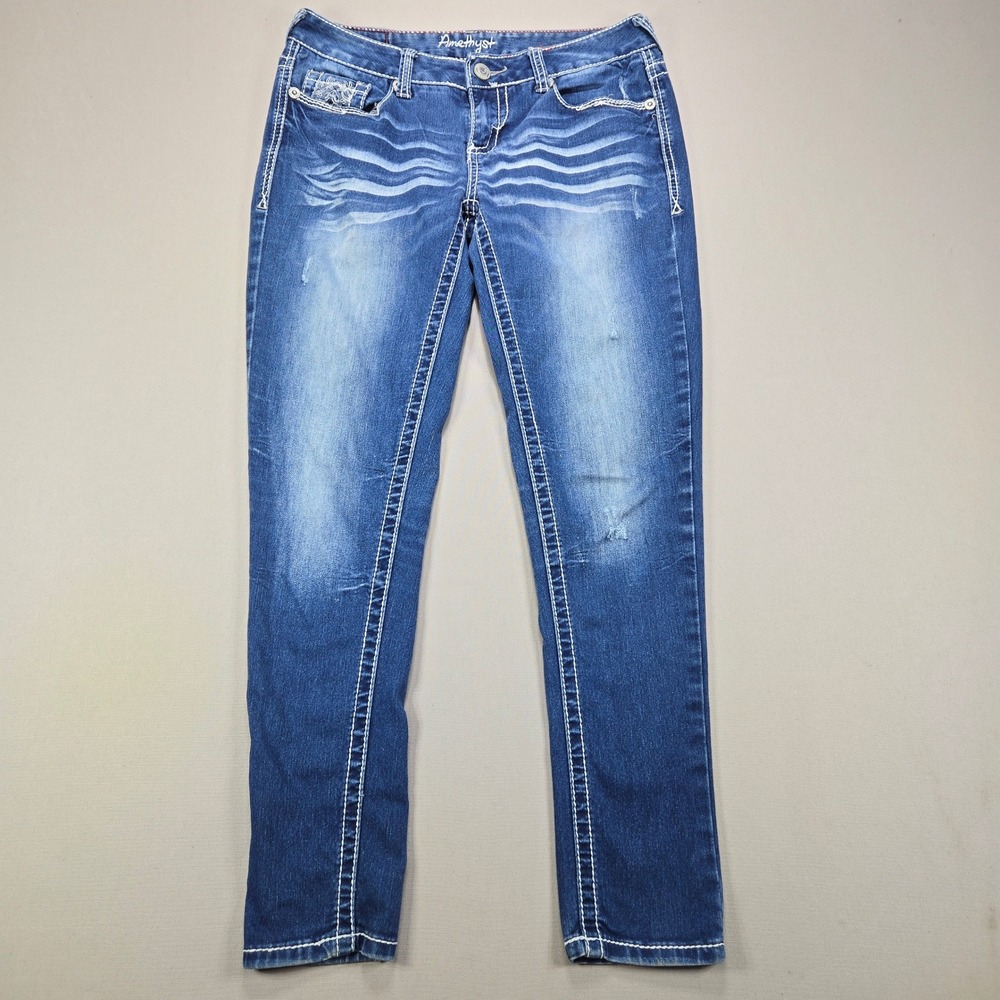 Amethyst‎ Skinny Jeans Western Embroidered Thick Stitch Blue Denim Womens Size 9